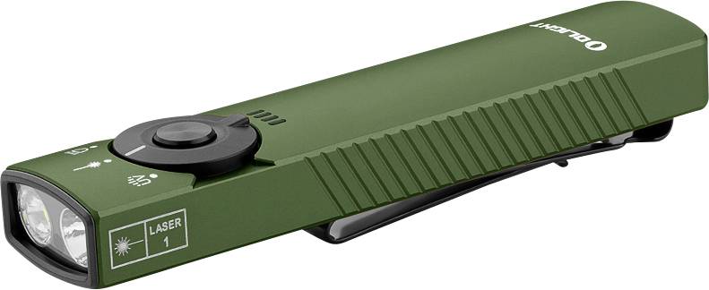 Eine grüne, rechteckige Taschenlampe mit Laserpointer-Funktion, strukturiertem Griff und Clip an der Seite.