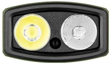 Ein Dual-Linsen-Gerät mit einem gelben Licht links und einer klaren Linse rechts, montiert in einem schwarzen rechteckigen Rahmen.