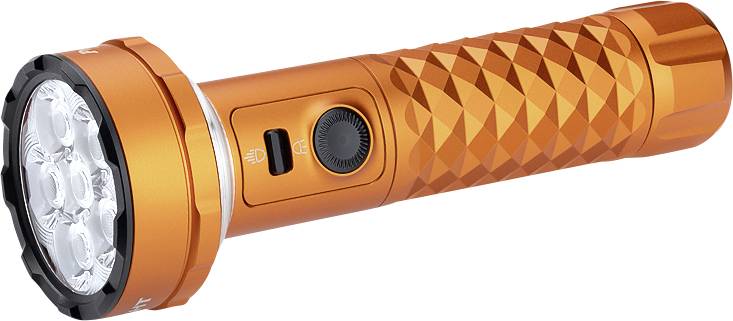 Orange, strukturierte Taschenlampe mit mehreren LED-Birnen und einer Seitentaste zum Betrieb. Die Taschenlampe hat ein robustes und langlebiges Design.