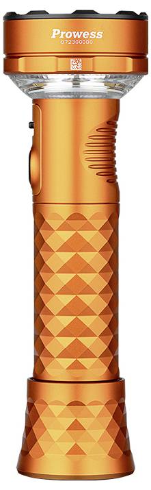 Eine orangefarbene Taschenlampe mit der Bezeichnung "Prowess", mit strukturiertem Griff und seitlicher Taste, für den Außenbereich konzipiert.
