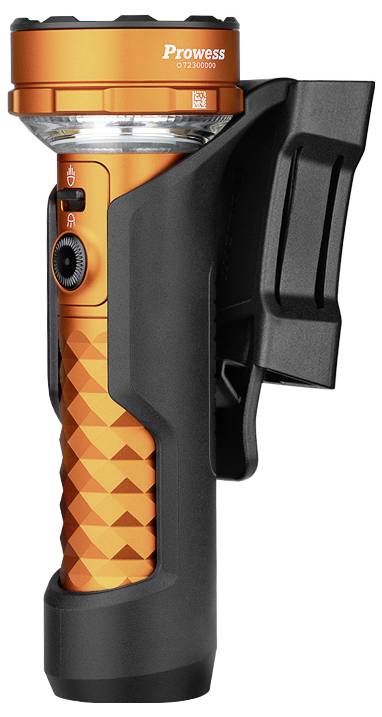 Eine orangefarbene Taschenlampe in einer schwarzen Halterung mit strukturiertem Griff, Druckschalter und der Beschriftung 