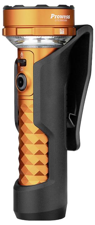 Orange Taschenlampe mit strukturierter Griffoberfläche, schwarzem Gehäuse und einem Knopf an der Seite. Der Text „Prowess D12-20000" ist auf der Oberseite aufgedruckt.