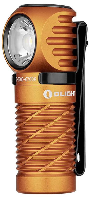 Orange kompakte Taschenlampe mit Clip und strukturiertem Griff, mit der Bezeichnung „Olight
