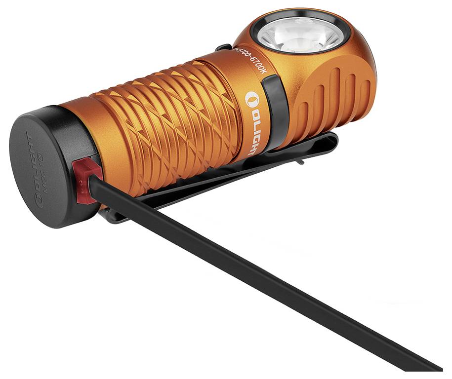 Eine orange, kompakte Taschenlampe mit strukturiertem Griff, von der Seite in einem Winkel gezeigt. Ein Clip ist zum einfachen Tragen angebracht.
