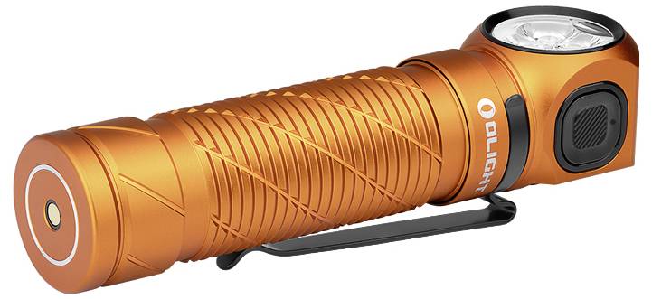 Orange Taktische Taschenlampe mit strukturiertem Griff, kompaktem Design und Seitenschalter. Verfügt über eine Befestigungsklammer für einfache Anbringung.