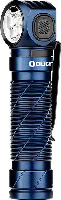 Eine blaue, kompakte Taschenlampe mit rechtwinkliger Form, strukturiertem Griff und Metallclip, entwickelt für vielseitige freihändige Verwendung.