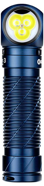 Eine blaue, tragbare Taschenlampe mit strukturiertem Griff, einem Seitenschalter und einer Clip an der Seite.