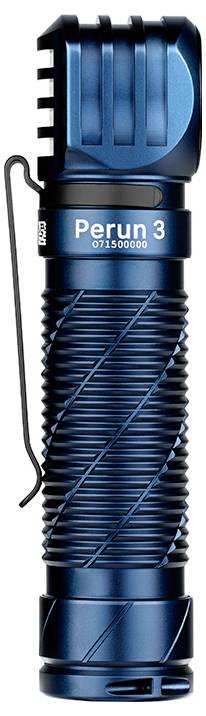 Eine blaue Taschenlampe mit gerifftem Griff und Seitenclip. Sie ist mit "Perun 3" gekennzeichnet und wirkt kompakt und robust in ihrem Design.
