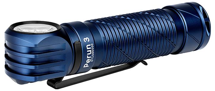 Eine blaue, kompakte Taschenlampe mit strukturiertem Griff und Seitenschalter, Marke 'Olight', konzipiert für einfache Tragbarkeit und Langlebigkeit.