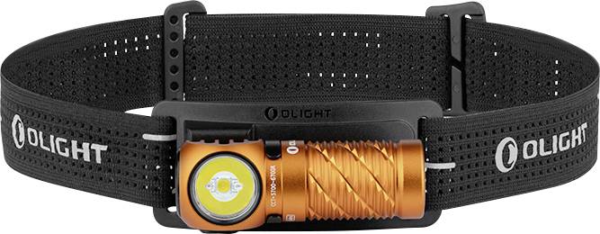 Eine schwarze und orange Stirnlampe mit verstellbarem Riemen, ausgestattet mit einer LED-Lampe und Branding, geeignet für Outdoor-Aktivitäten.