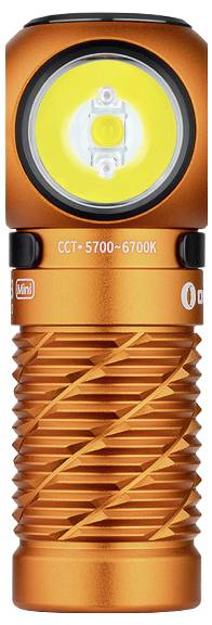 Orange LED-Taschenlampe mit strukturierter Griffoberfläche, mit der Bezeichnung „CCT 5700~6700K". Die Vorderansicht zeigt das Licht und die Einstellungstaste.