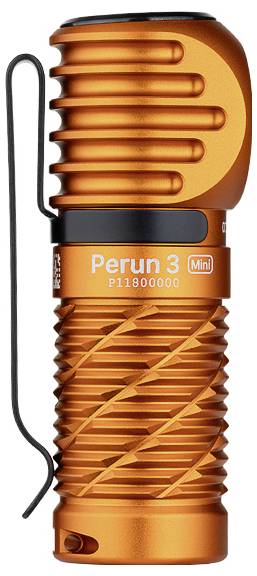 Orange, kompakte Taschenlampe mit gerilltem Design und schwarzem Clip. An der Seite mit „Perun 3 Mini
