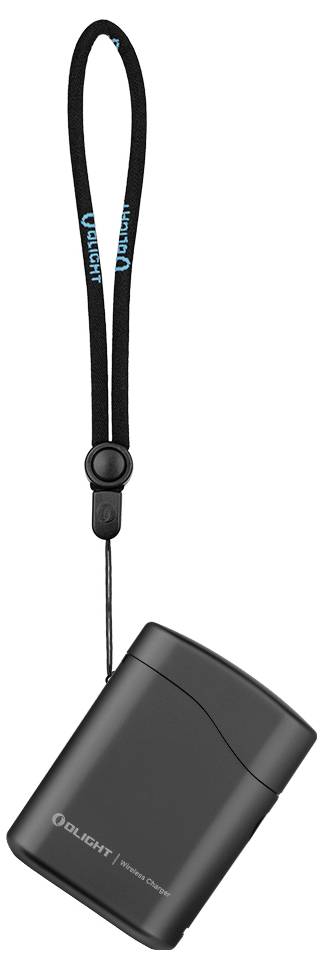 Ein kompaktes, schwarzes tragbares Gerät mit Handgelenkband, auf dem das Logo „OLIGHT