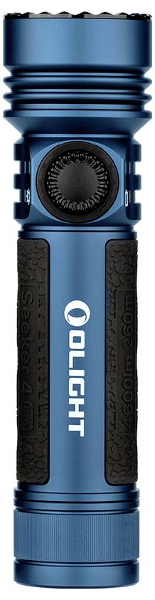 Eine blaue Olight-Taschenlampe mit strukturiertem schwarzem Griff, entwickelt für verbesserte Haltbarkeit und Komfort bei der Handhabung.