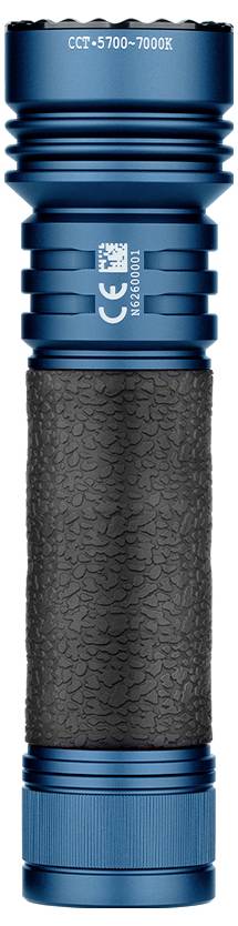 Eine blaue Taschenlampe mit strukturiertem schwarzem Griff, beschriftet mit „CCT: 5700~7000K