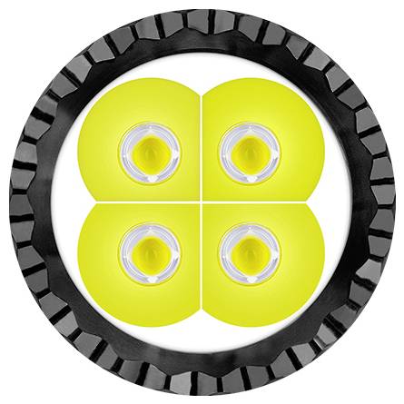Draufsicht von vier LED-Leuchten in einem Cluster innerhalb einer kreisförmigen schwarzen Einfassung.