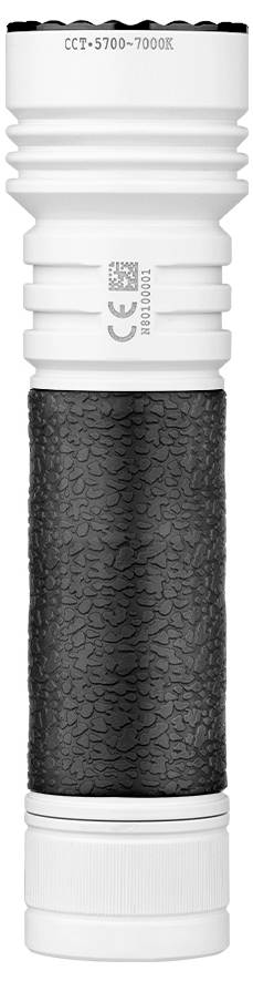 Eine schwarz-weiße Taschenlampe mit strukturierter Griffoberfläche, beschriftet mit „CCT: 5700-7000K