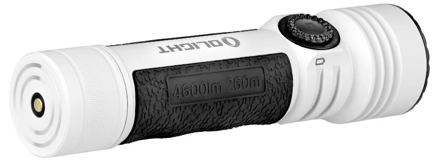 Eine weiß-schwarze Taschenlampe mit „Olight