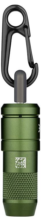 Eine orange, kompakte Taschenlampe mit einer Metallschlaufe zur Befestigung, die das Markenlogo „Olight