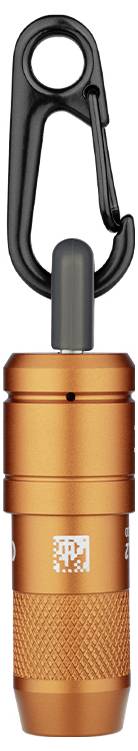 Eine orangefarbene Taschenlampe mit einem schwarzen Karabinerhaken zum einfachen Tragen. Perfekt für Outdoor-Aktivitäten oder Notfälle.