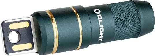 Eine grüne und schwarze metallische USB-Taschenlampe mit goldenen Akzenten und dem Markennamen 'OLIGHT', der auf der Seite aufgedruckt ist.