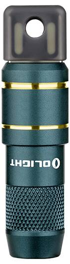 Eine kompakte blaugrüne Taschenlampe mit strukturierter Griffoberfläche und Goldakzenten, mit dem 