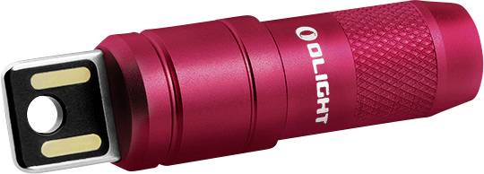 Eine kleine rote Taschenlampe mit USB-Ladeanschluss und strukturiertem Griff, Marke 'Olight'.