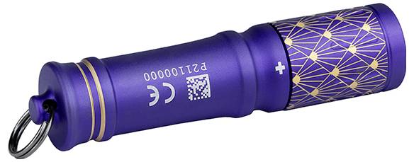 Eine kleine blaue Taschenlampe mit dekorativem Goldmuster und einem Schlüsselring. Sie verfügt über ein '+'-Symbol am Ende, das die Batterieausrichtung anzeigt.