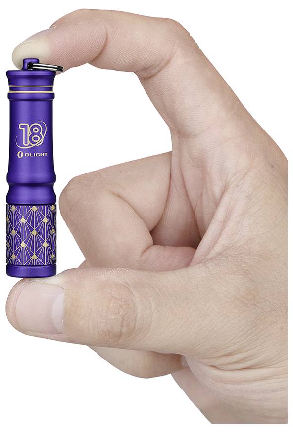 Eine Hand hält eine kleine, violette Taschenlampe mit einem dekorativen Muster und der Nummer „18" darauf, was ihre kompakte Größe hervorhebt.