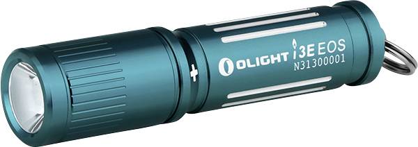 Eine kompakte, blaugrüne Taschenlampe mit der Bezeichnung „OLIGHT i3E EOS