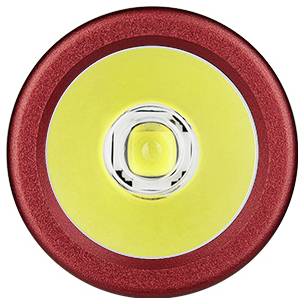 Rote und gelbe kreisförmige LED-Leuchte von oben betrachtet, die ein zentrales Birnendesign zeigt.