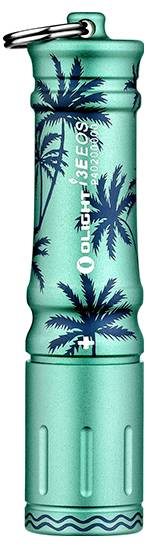 Eine türkisfarbene Schlüsselanhänger-Taschenlampe mit Palmenmustern und dem Text „Olight i3E EOS