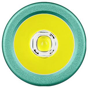 Eine von vorne betrachtete kreisförmige LED-Glühbirne mit einem klaren zentralen Bereich, umgeben von Gelb mit einem blaugrünen äußeren Ring.