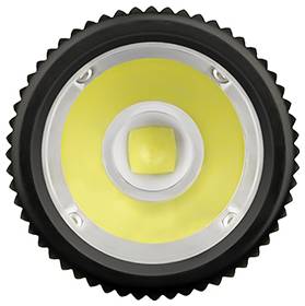 Nahaufnahme einer kreisförmigen LED-Leuchte einer Taschenlampe mit gelbem Mittelpunkt, umgeben von einem schwarzen, gerillten äußeren Rand.