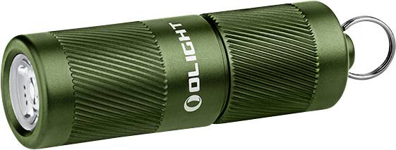 Eine kleine, grüne Taschenlampe mit strukturiertem Griff, mit dem Etikett 'Olight'. Sie hat eine zylindrische Form und einen Schlüsselring, der an einem Ende befestigt ist.