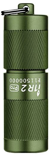 Eine grüne kompakte Taschenlampe mit strukturiertem Griff, beschriftet mit „i1R 2 Pro", mit einer Schlüsselanhänger-Befestigungsschlaufe oben.