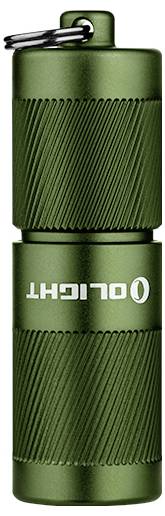 Eine kompakte, grüne Olight-Taschenlampe mit strukturiertem Griff und Schlüsselanhänger-Befestigung, entworfen für tragbare Verwendung.