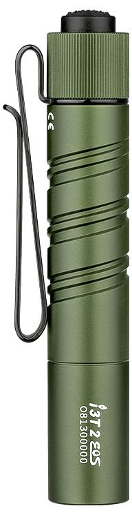 Eine grüne, zylindrische Taschenlampe mit befestigtem Clip. Die Marke „i3T EOS