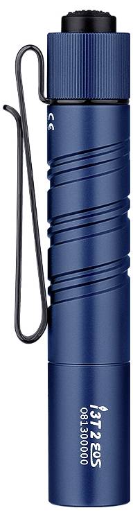 Eine blaue Taschenlampe mit schwarzer Klammer, mit der Aufschrift „i3T EOS" und „180 Lumen".