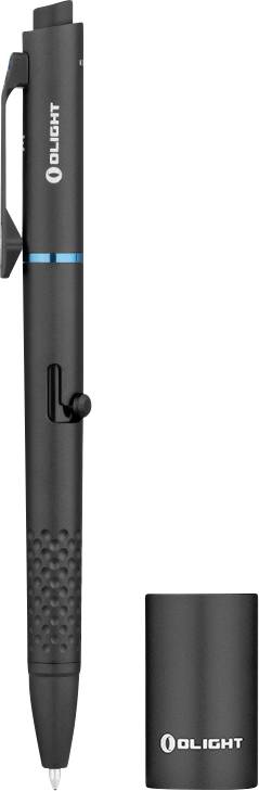 Ein schwarzer Olight-Stift mit einem blauen Ring in der Nähe der Oberseite, mit Clip und strukturiertem Griff, vertikal positioniert mit seiner Kappe daneben.