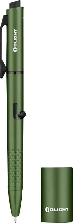 Ein grüner Olight-Stift mit schwarzen Akzenten, der eine einziehbare Kugelschreiberspitze und eine Metallklammer aufweist. Der Stift wird vertikal neben seiner Kappe gezeigt.