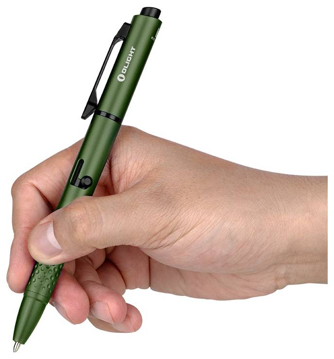 Eine Hand, die einen grünen Stift mit einem Clip an der Seite hält, in einer Pose, als ob sie bereit ist zu schreiben. Der Stift ist schlank und metallisch mit einem Logo in der Nähe des Clips.