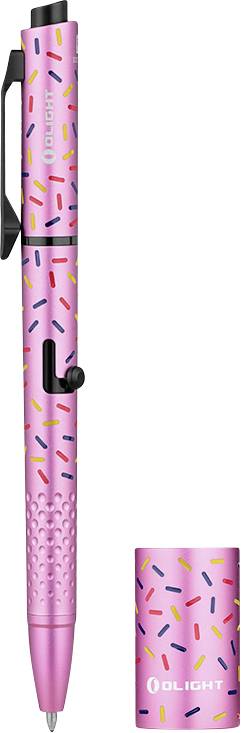 Ein rosa Stift mit bunten Sprinkle-Mustern, ausgestattet mit einem Clip und einem Druckmechanismus. Eine passende Stiftkappe wird separat gezeigt.