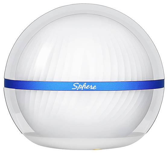 Eine weiße kugelförmige Leuchte mit einem blauen Band, das mit „Sphere