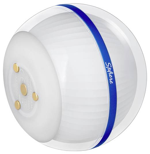 Eine kugelförmige weiße Lampe mit einem blauen Streifen mit der Bezeichnung „Sphere