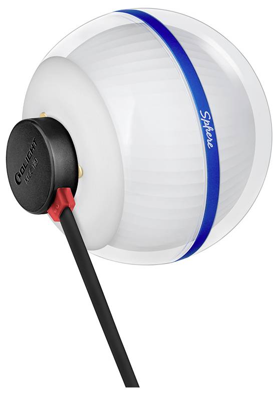 'Ein kugelförmiges weißes Gerät mit einem blauen Streifen mit der Bezeichnung „Sphere