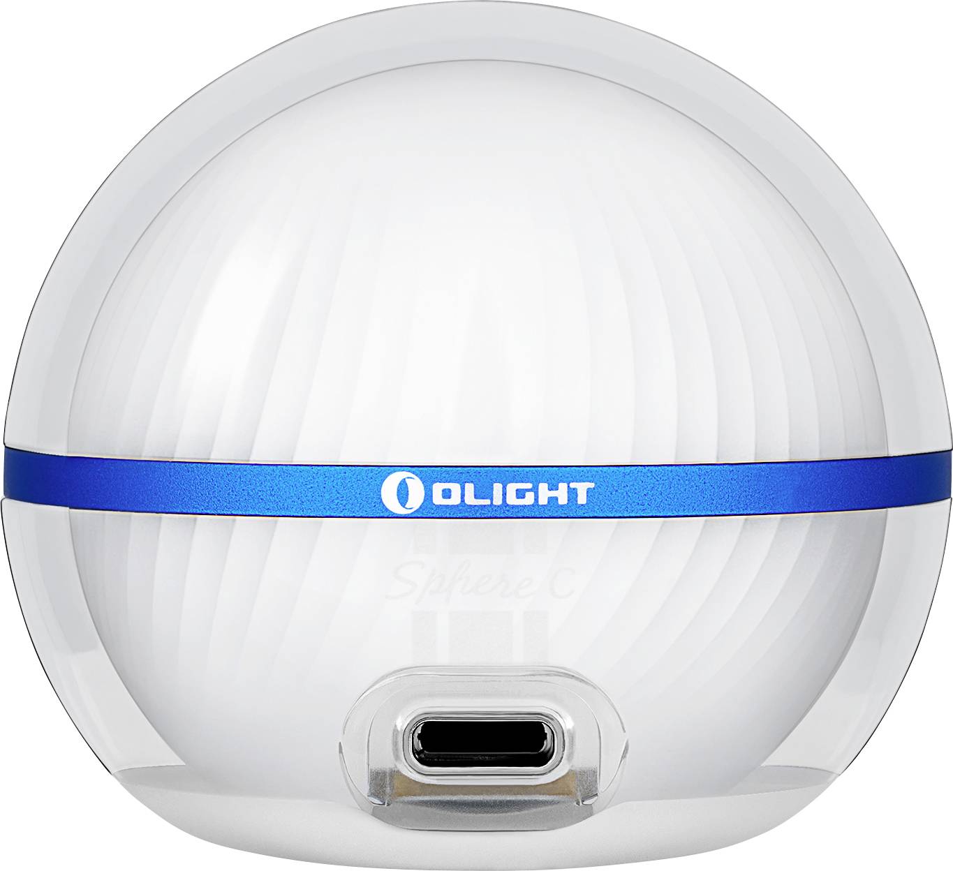 Eine runde, weiße aufladbare Laterne mit einem blauen Band mit der Aufschrift „OLIGHT