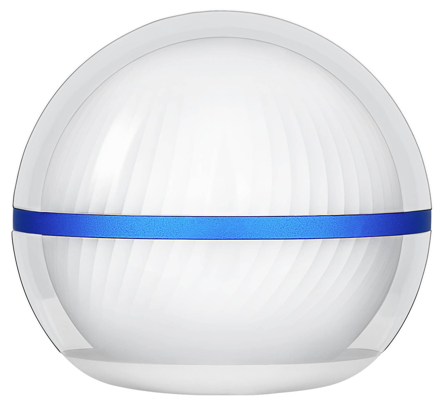 Eine glänzend weiße Kugel mit einem horizontalen blauen Streifen in der Mitte, die Licht reflektiert, um ihre glatte und glänzende Oberfläche hervorzuheben.