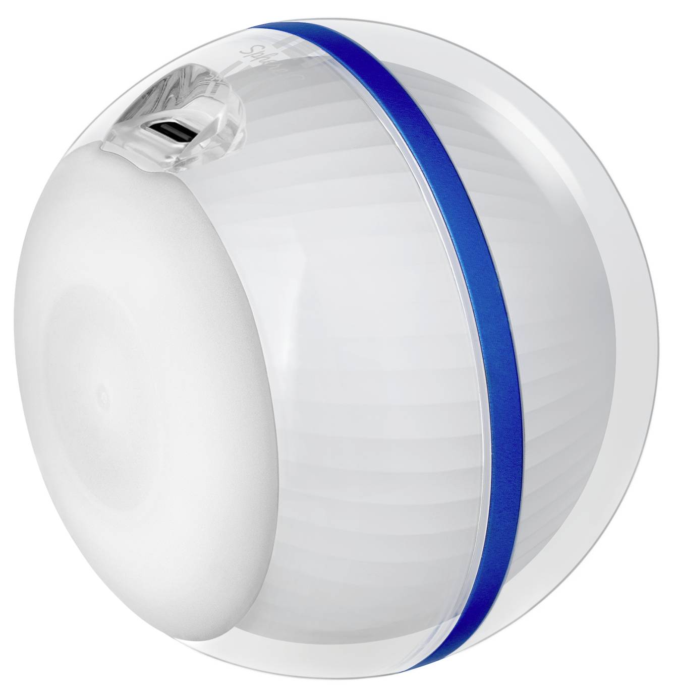 Ein weißes und durchsichtiges kugelförmiges Gerät mit einem blauen Streifen, der es umkreist, mit einem USB-Anschluss auf der Oberseite.