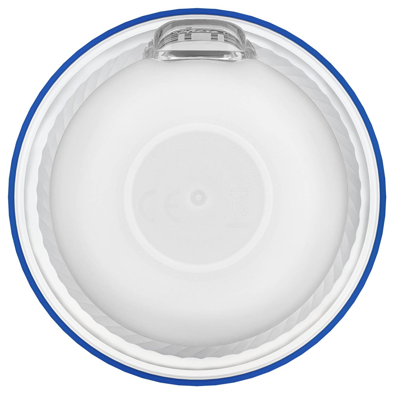 Draufsicht einer runden LED-Birne mit einer transparenten Kuppel und strukturierter Innenfläche, vor einem weißen Hintergrund platziert.